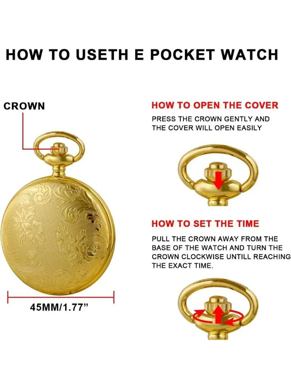 Men's All Gold Analog Quartz Flower Arabic Numerals Movement Chain Pocket Watch